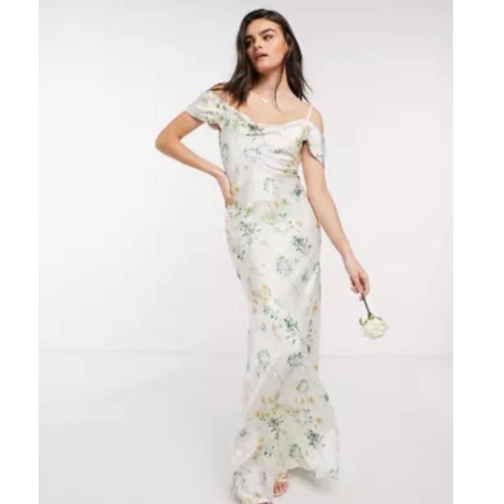 Hope & Ivory Bridesmaid Cold Shoulder Cowl Neck Ivory Maxi Dress